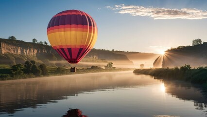 Fototapeta premium Colourful hot air balloon flying over green valley with road and mountain background at sunrise, bucket list lifestyle concept.
