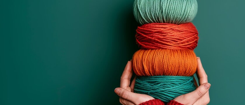 colorful yarn balls in hands with teal background - knitting supplies for craft projects and hobbies