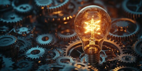 A light bulb sits atop a pile of old gears, ready for use in industrial or mechanical settings