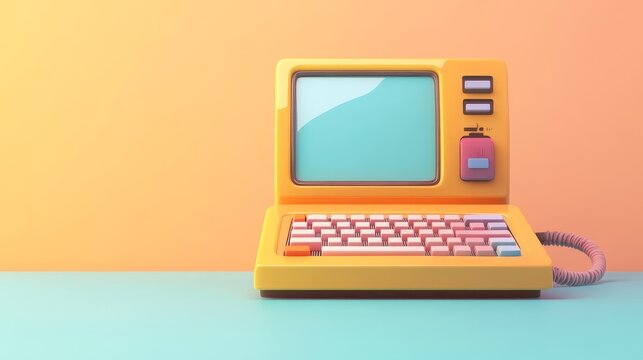 Retro yellow computer with blank screen on blue and orange background.