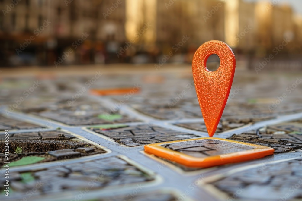 Poster map marker on a street with a city in the background, ideal for travel or navigation illustrations