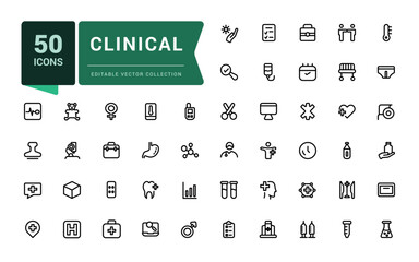 Clinical icon bundle. Set of outline icons related to healthcare, medical, medicine. Linear icon collection. Simple editable vector stroke illustration.