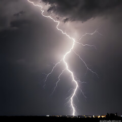 lightning strikes across the sky over a city at night