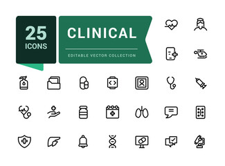 Clinical icon bundle. Set of outline icons related to healthcare, medical, medicine. Linear icon collection. Simple editable vector stroke illustration.