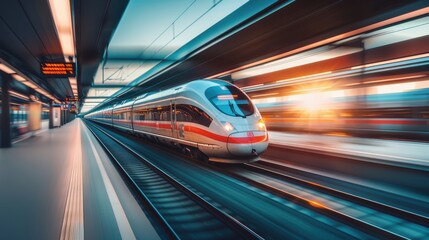 High-Speed Modern Train in Motion at Sunset in a Futuristic Railway Station