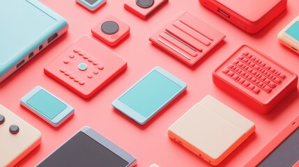 A flat lay of various electronic devices arranged in a geometric pattern on a pink background.
