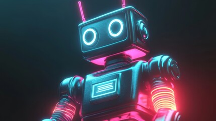 A futuristic robot with glowing neon lights, standing against a dark background.