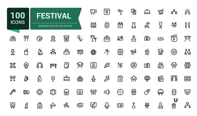 Festival icon set. Collection of line icons related to festival, holidays, event. Minimalist thin linear web ui icon set. Simple editable vector stroke illustration.