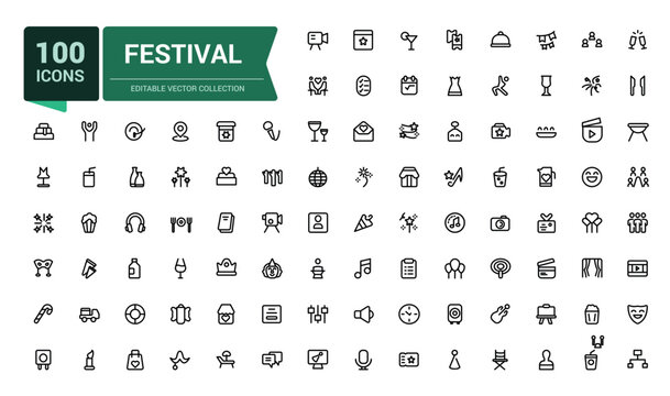 Festival icon set. Collection of line icons related to festival, holidays, event. Minimalist thin linear web ui icon set. Simple editable vector stroke illustration.
