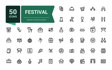 Festival icon set. Collection of line icons related to festival, holidays, event. Minimalist thin linear web ui icon set. Simple editable vector stroke illustration.