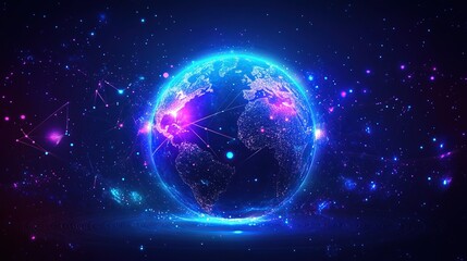 A glowing blue and pink earth surrounded by connected lines and stars on a dark background.
