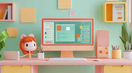 A pastel-colored desk with a computer, a plant, and a cute cartoon character.