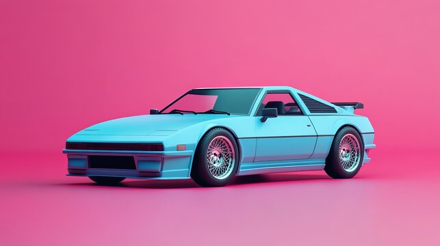 A retro blue sports car with black wheels against a pink background.