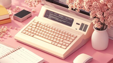 A vintage typewriter sits on a pink desk with a white mouse, books, and a vase of flowers.