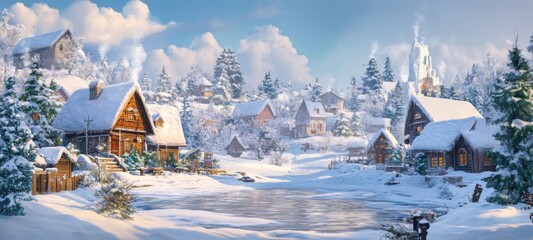 Fototapeta premium Snow-Covered Anime-Style Hamlet: Cozy Cottages and Abstract Concept Art for Gaming, Storybook Illustrations, and Immersive Storytelling