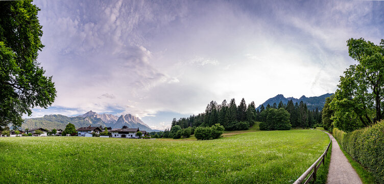 Panoramic view of sunset over Garmisch-Partenkirchen town in German Alps