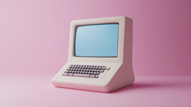 A vintage white computer with a blank screen sits on a pink background.