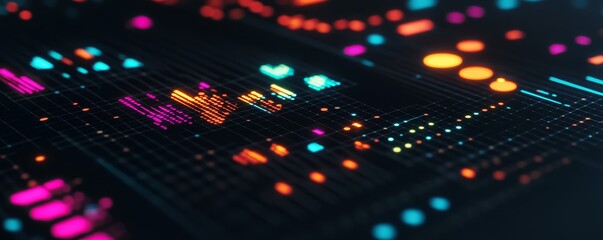 Abstract background with colorful glowing lights and particles.