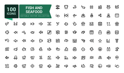 Fish And Seafood icon set. Minimalist thin linear web ui icon set. Simple editable vector stroke illustration.