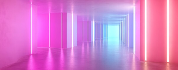 Abstract hallway with pink and blue neon lights.