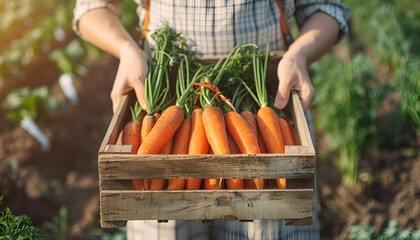 Woman holding wooden crate of fresh ripe carrots on field, closeup. Organic farming