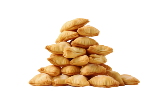 Group of empanadas stacked creatively each with unique fillings on transparent background