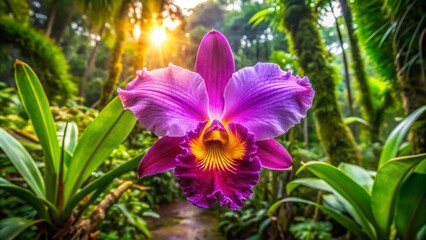 Vibrant purple orchid with delicate, ruffled petals and bright yellow center blooms in a lush, emerald green tropical jungle setting at dawn.