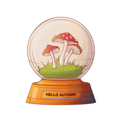 Vector illustration of snow ball with autumn elements. Composition of fly agaric on meadow. Cozy home, warm fall concept. For decoration, posters, banner, advertising, flyer, cover.