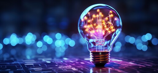 A light bulb with circuit board patterns glowing in blue and purple, symbolizing artificial intelligence against dark background.