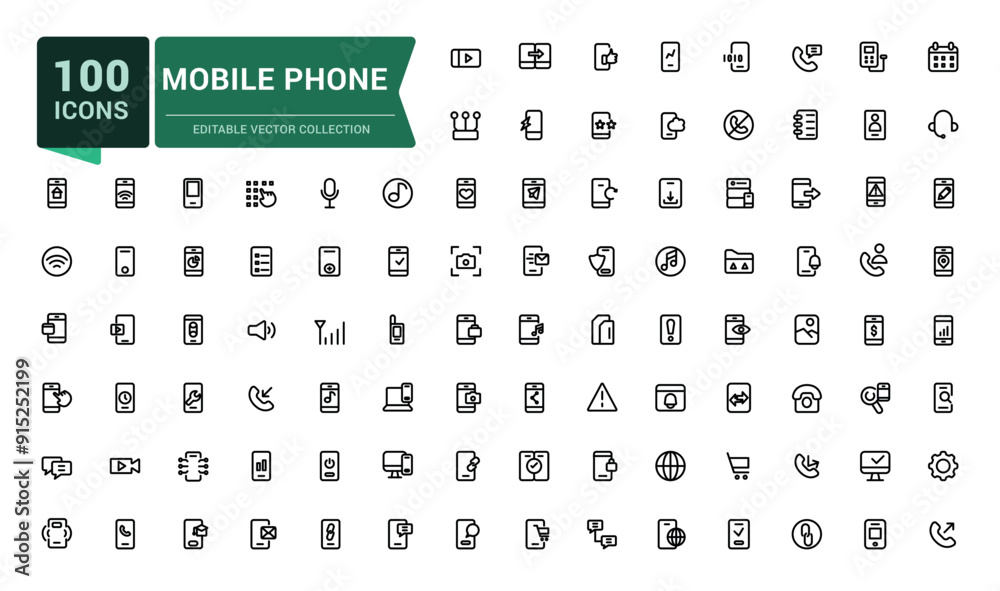 Wall mural mobile phone and smartphone icon set. related to device, phone and more. minimalistic web and ui ico