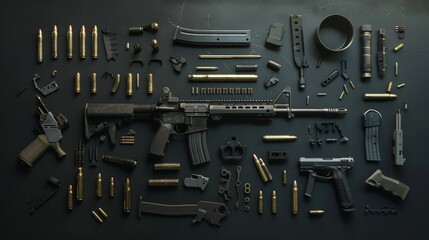 An organized spread of firearm parts and ammunition set against a dark background, highlighting the mechanical and tactical aspects of modern weaponry.