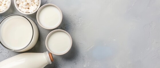 dairy milk, oat milk, almond milk and soy milk in bowls and a bottle on a grey background.