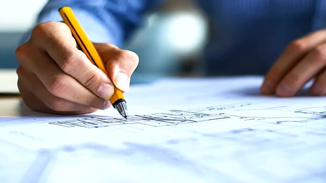 A close-up of an architect's hands working on a blueprint