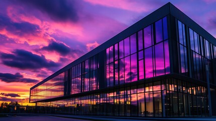 A modern building with large windows reflecting a vibrant sunset sky.