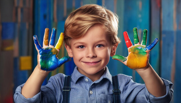 A child with colorful painted hands raised in creativity. Generative AI.