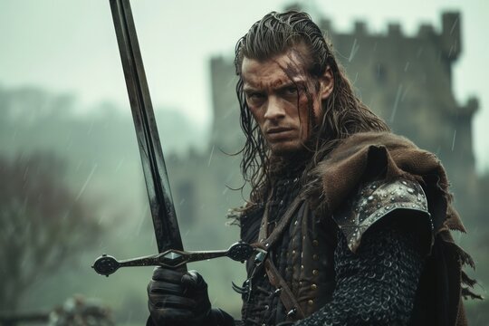 Rain pelts the earth as a highlander warrior grips his sword, eyes fierce, framed by a historic castle in the background.