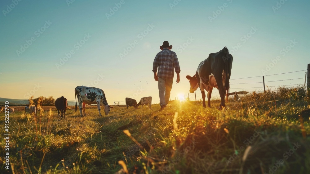Poster A man is walking through a field with cows