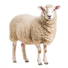 Fototapeta premium Fluffy White Sheep Standing on White Background
