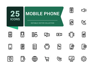 Mobile phone and Smartphone icon set. Related to device, phone and more. Minimalistic web and UI icon. Outline icon collections. Editable vector illustration.