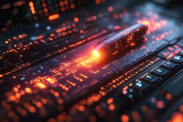 dynamic startup launch visualized as sleek rocket emerging from glowing laptop screen vibrant ultraviolet background with binary code and stock market graphs