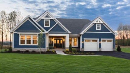 Fototapeta premium A blue house with white trim and a two-car garage is nestled in a green lawn. The home has a covered front porch and warm lights glowing inside.