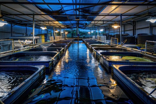 Rows of spacious fish farming tanks filled with clear blue water glow under soft ambient lights, creating a serene indoor environment.