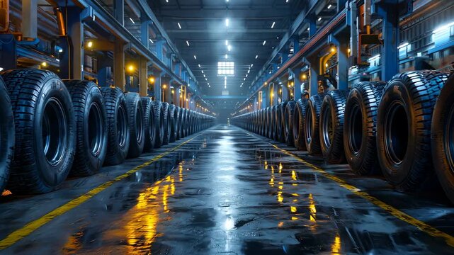 Tires shining in a modern factory at night