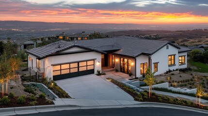 Fototapeta premium Modern home on a hilltop with a panoramic view of a cityscape at sunset.