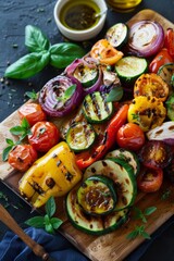Mediterranean grilled veggies with olive oil and oregano, presented in a rustic style for a flavorful and satisfying meal.