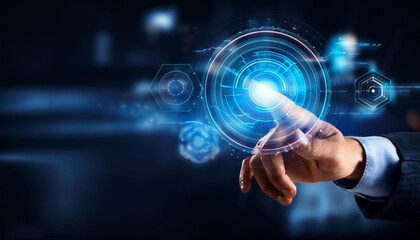 Businessmen interact with a futuristic holographic interface, displaying various charts, graphs, and global data visualization as part of a digital technology concept.