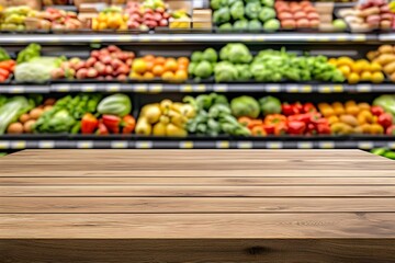 Empty table in front of blurred background. Perspective wood table over blur in supermarket fruits and vegetables shelf. Mock up for display