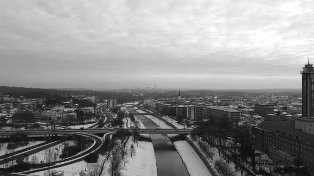 Black and white aerial view of the city Ostrava in Czech Republic