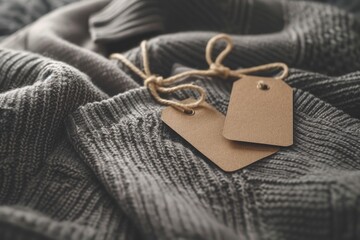 A pair of tags attached to the front of a sweater, featuring colorful designs and text