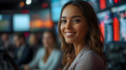 Cheerful news anchor smiling brightly at the camera, with co-anchors in the background against a backdrop of screens displaying broadcast content, ready to start the morning news show on a note.